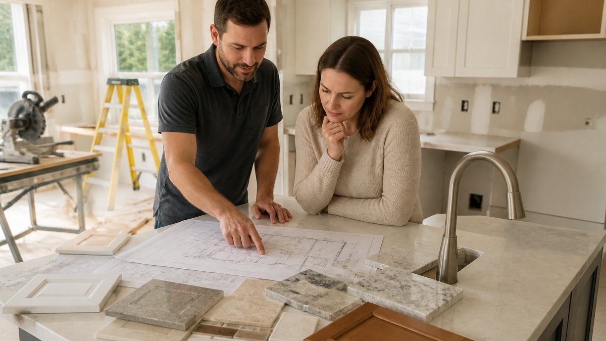 A contractor and homeowner reviewing blueprints and tile samples spread across a kitchen island in a bright home under renovation