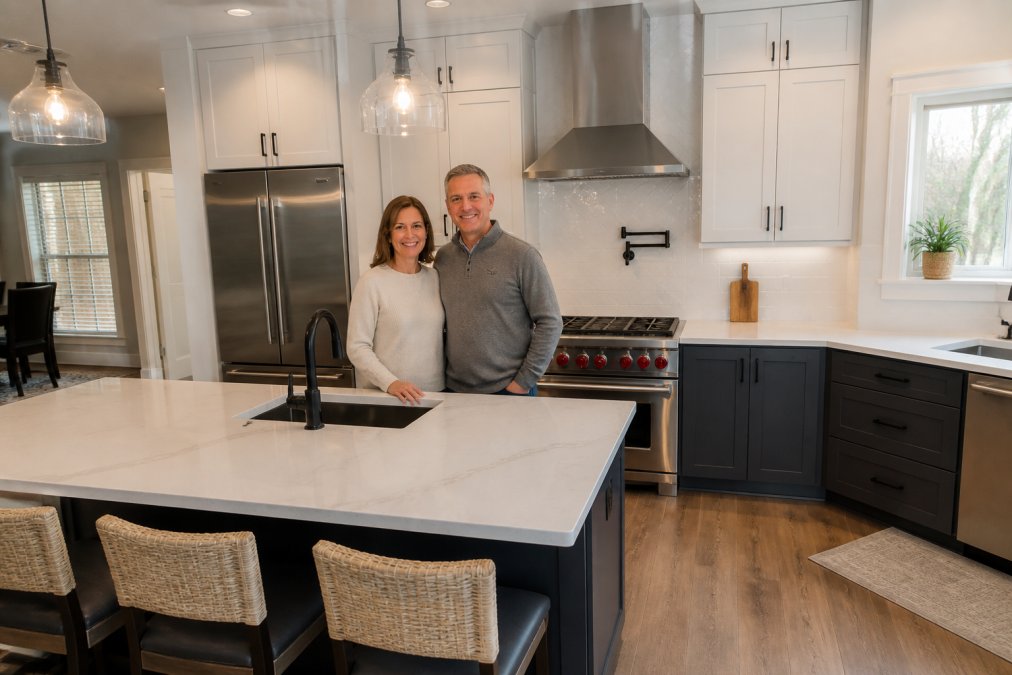 Happy homeowners enjoying a kitchen renovated by professional home renovation contractors with custom cabinetry.