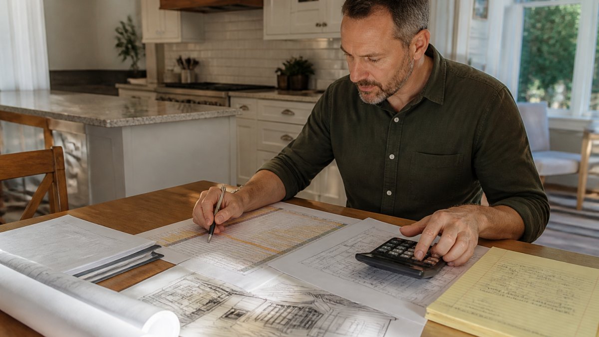 Homeowner reviewing detailed renovation budget spreadsheet and contractor sketches at kitchen table with calculator, architectural drawings, and cost estimates spread out in natural daylight
