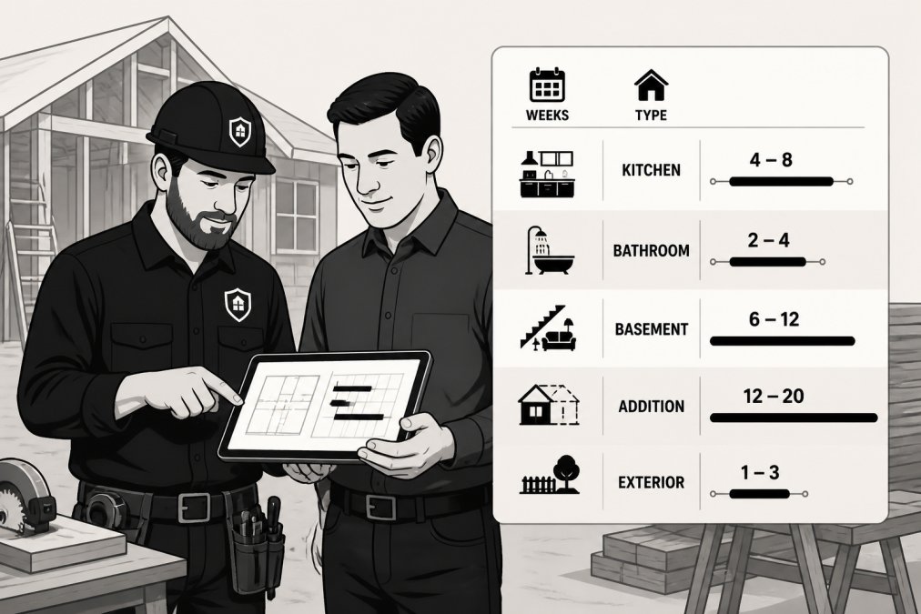 Professional contractor and homeowner reviewing detailed project plans and timeline documentation on a tablet at an active residential construction site, with building materials and equipment visible in the background