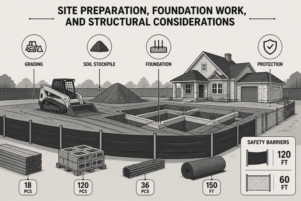 Residential construction site showing active site preparation with equipment grading the property, materials staged neatly, and protective barriers installed around the work area under clear daylight