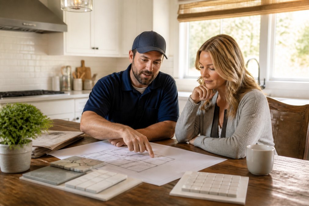 Contractor and homeowner reviewing home renovation blueprints and project schedules at a kitchen table