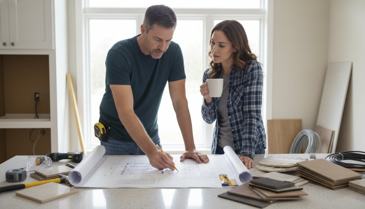 A contractor and homeowner reviewing renovation blueprints together on a kitchen countertop, with construction tools, paint swatches, and tile samples spread across the surface in warm afternoon light