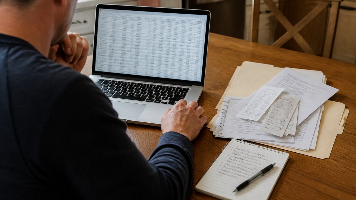 A homeowner at a kitchen table with a laptop open to a spreadsheet, a folder of contractor invoices and receipts beside it, and a pen and notepad with handwritten repair notes