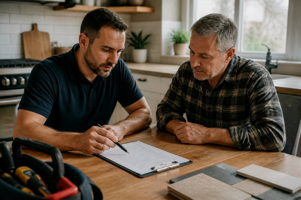 A homeowner and a contractor sitting at a kitchen table reviewing a written contract, with a pen and clipboard visible, warm natural light