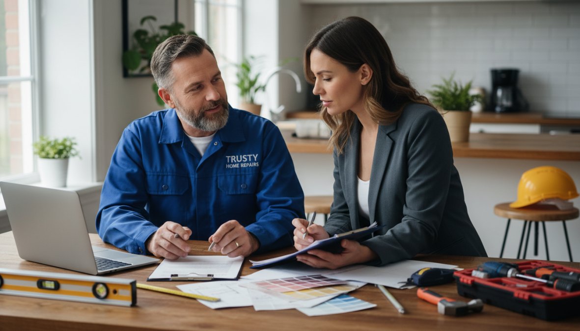 A homeowner and a uniformed contractor reviewing a paper contract together at a kitchen table, both looking engaged and professional, with a clipboard and pen visible in natural indoor lighting