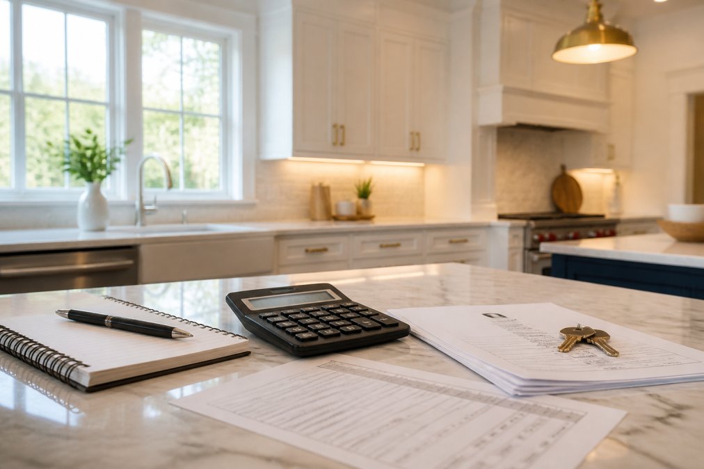 A freshly renovated kitchen with white shaker cabinets, polished hardware, and updated pendant lighting above a clean marble countertop, photographed in bright natural light through large windows