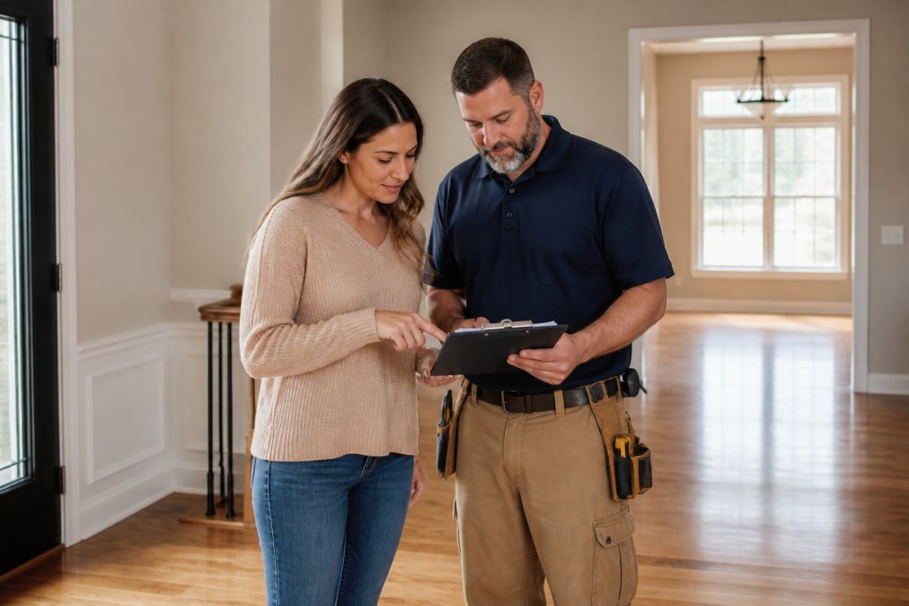 A homeowner and a contractor reviewing a clipboard together in a bright entryway with freshly painted neutral walls and polished hardwood flooring visible in the background