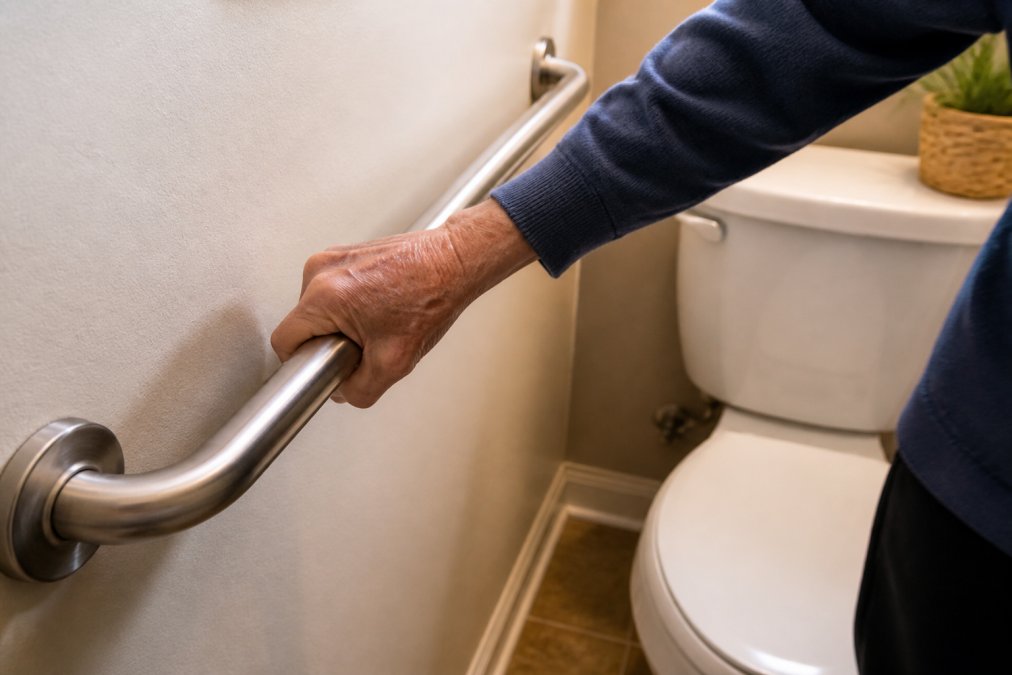 Close-up of a senior's hand gripping a securely installed grab bar in a bathroom, showing proper hand placement and the bar's position near the toilet area with warm bathroom lighting