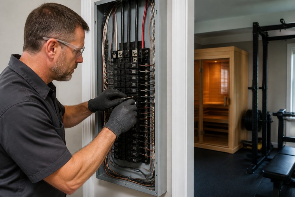 Electrician installing a 240V breaker to meet sauna electrical requirements in a home gym setting