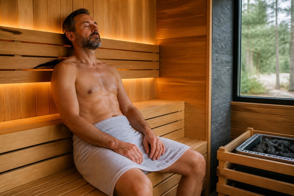 Person relaxing on a wooden bench in a home sauna, emphasizing the importance of a home sauna health risks and safety guide.