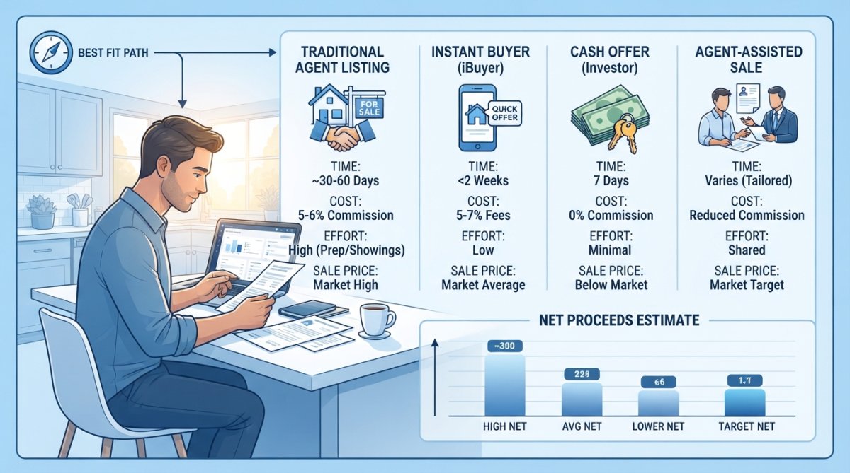Homeowner at kitchen table reviewing multiple real estate documents, comparing offers and seller net sheets with laptop and coffee cup in morning sunlight