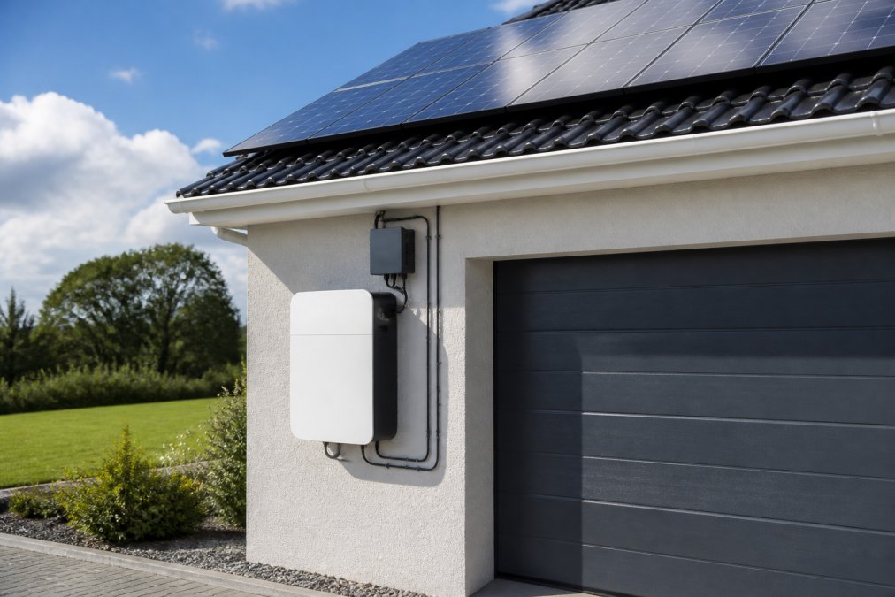Modern battery storage unit mounted on a residential garage wall with solar panels visible on the roof above in bright daylight, showing the complete installation setup