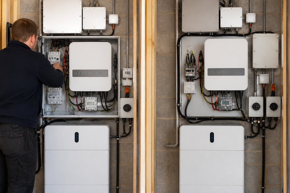 Technician installing a hybrid inverter and battery management components into a residential electrical cabinet, with wiring and safety disconnects visible
