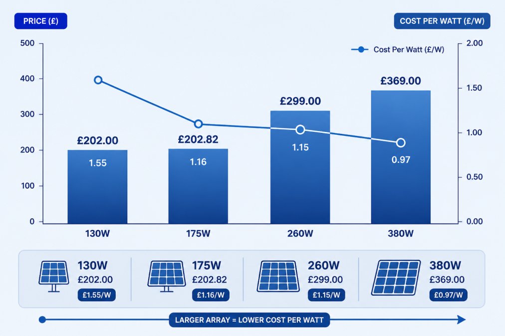 Bar chart comparing four solar kit tiers by wattage and price: 130W at £202.00, 175W at £202.82, 260W at £299.00, 380W at £369.00, showing cost per watt falling as array size increases