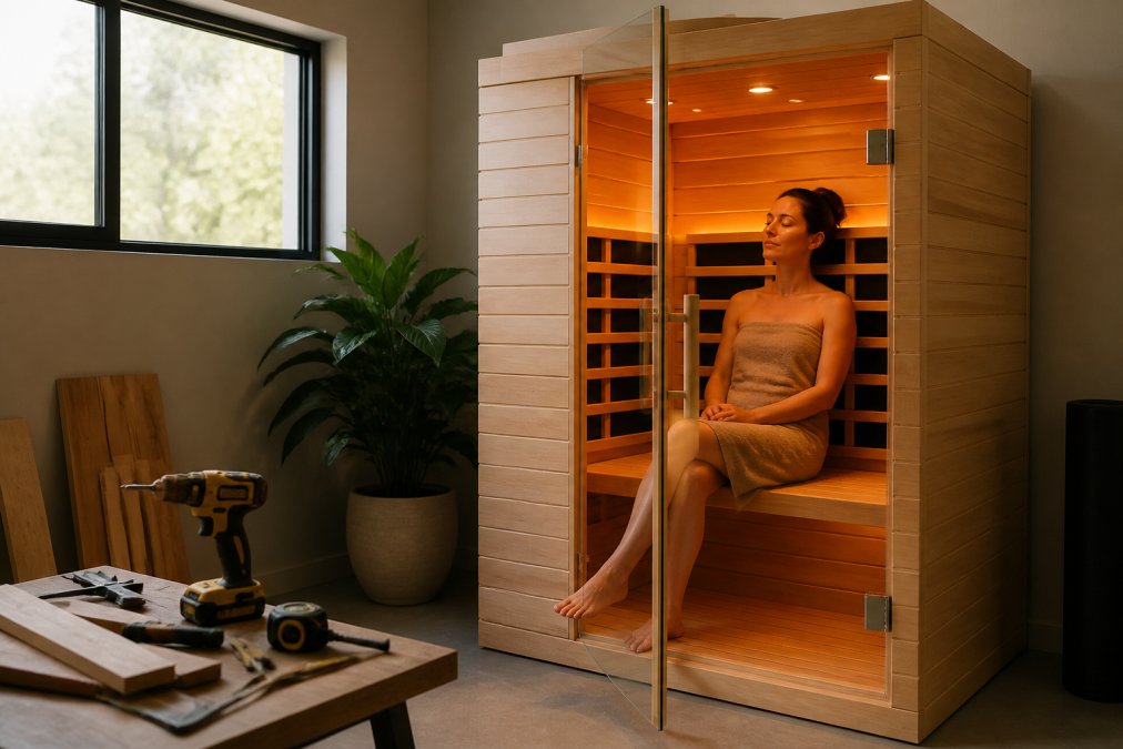 A well-lit indoor infrared sauna with Canadian hemlock wood interior and a glass door, a person seated inside relaxing with a towel, warm ambient lighting glowing from the cabin