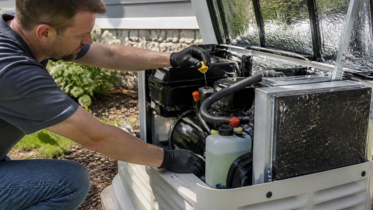 Homeowner's hands checking fluid levels and inspecting hoses on a residential standby generator during routine maintenance, bright natural lighting
