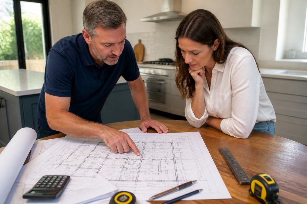 Professional structural engineer reviewing building blueprints and architectural plans with a homeowner in a residential kitchen, pointing to specific design details on the drawings