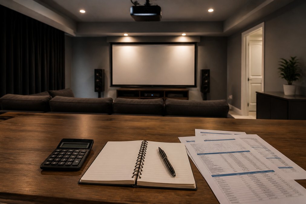 A modern, dimly lit living room with a large projection screen mounted on the wall, a ceiling-mounted projector, and a comfortable sectional sofa facing the screen under warm recessed lighting