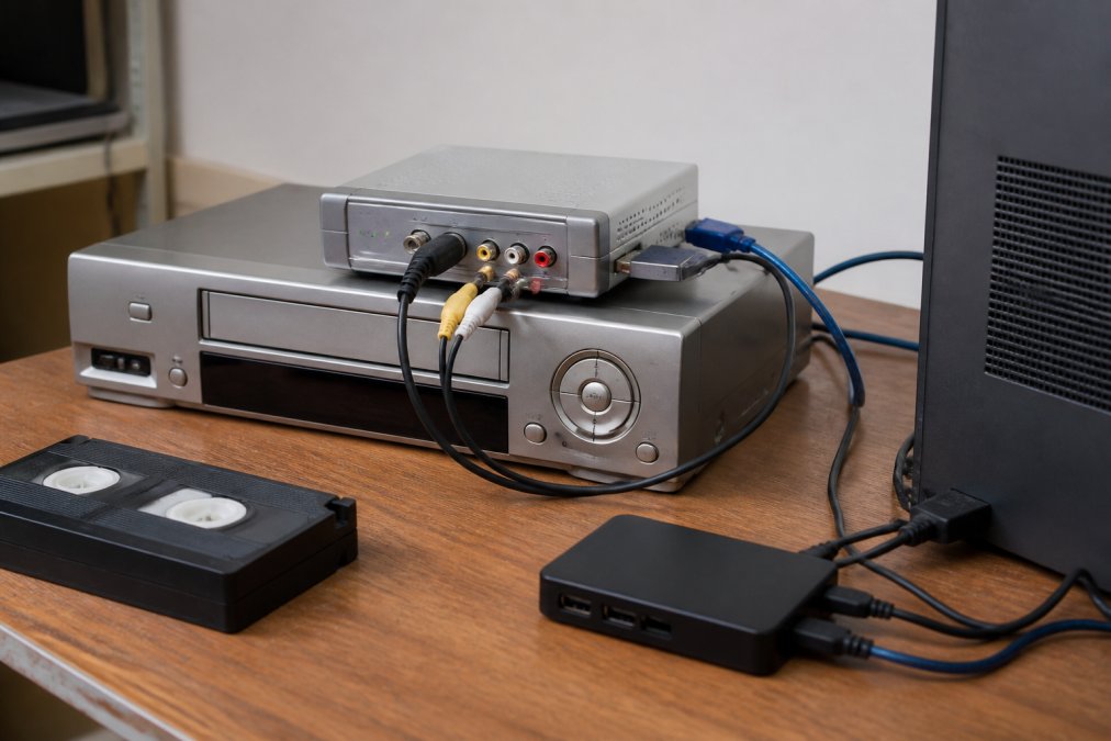 Professional video capture setup showing vintage VCR connected to time base corrector unit, with composite video cables and USB connection to computer workstation, professional studio lighting