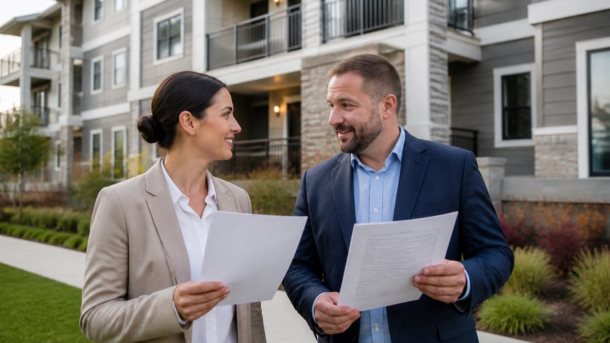 Professional homeowner and renter standing outside a residential apartment building, each holding insurance policy documents, illustrating different ownership and coverage responsibilities between the two