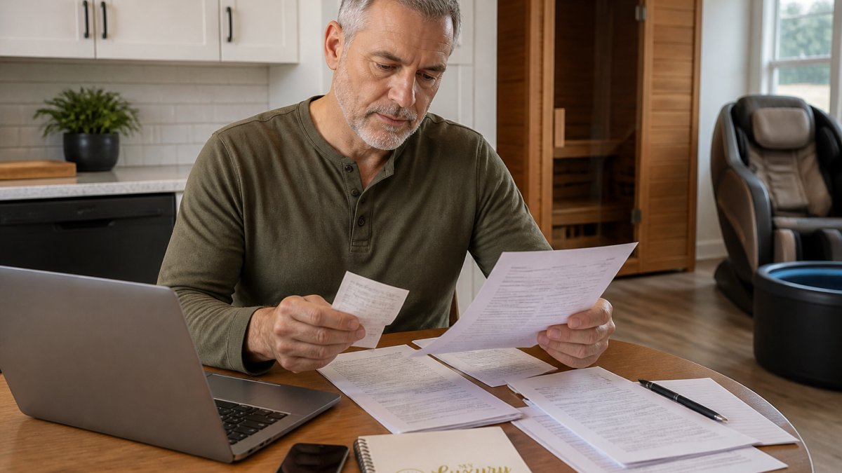 A homeowner in their 50s sitting at a kitchen table with a laptop open, reviewing warranty documents and a receipt, with a phone nearby for calling customer service