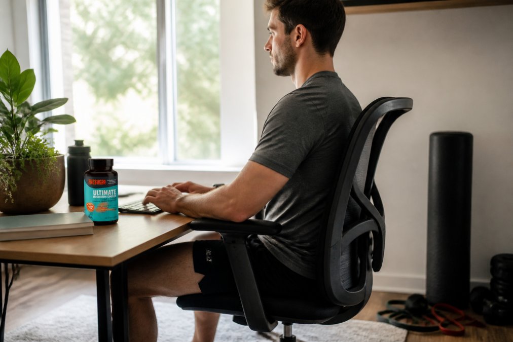 Person at home desk with posture-correcting setup, supplement bottles organized on desktop, foam roller and resistance bands visible on floor nearby, natural morning light from window