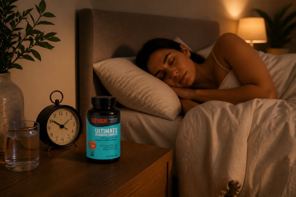 Peaceful bedroom with warm accent lighting, magnesium glycinate supplement bottle on wooden nightstand next to alarm clock, person lying in bed under breathable bedding, cool minimalist décor