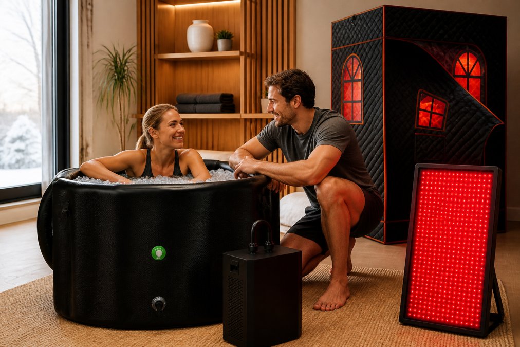 Modern home wellness space featuring an ice bath tub in a clean minimalist setting with warm overhead lighting and natural wood elements nearby, creating a serene recovery environment
