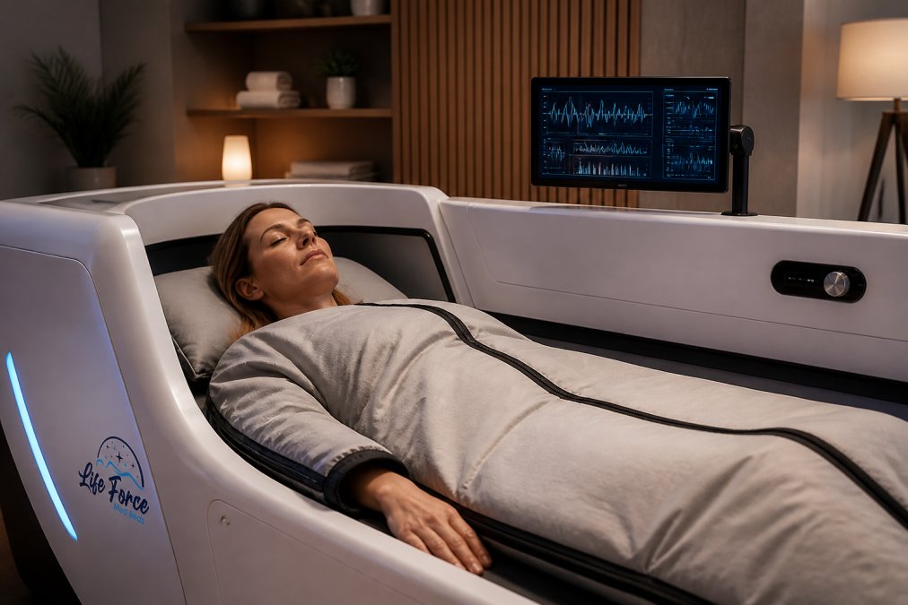 Person relaxing in a modern wellness recovery chamber with soft ambient lighting, showing integrated bioresonance technology interface on wall display, peaceful expression indicating deep relaxation