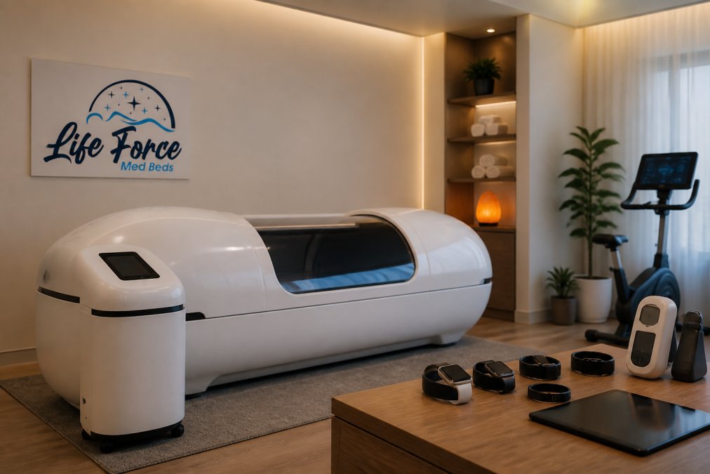 Modern home wellness room with integrated recovery pod, multiple monitoring devices, ambient lighting system, and digital interface dashboard showing real-time biometric data on wall screen
