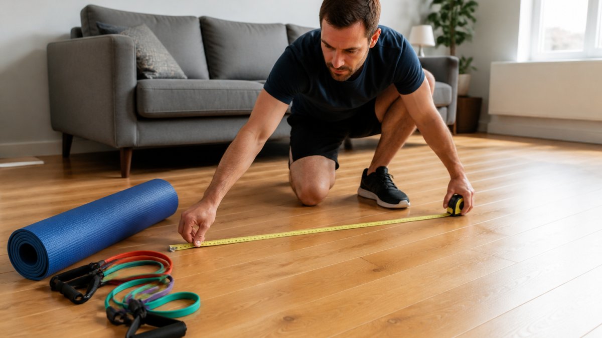 A person in their thirties measuring the floor space of a small living room with a tape measure, with a yoga mat and resistance bands visible nearby, natural daylight through a window