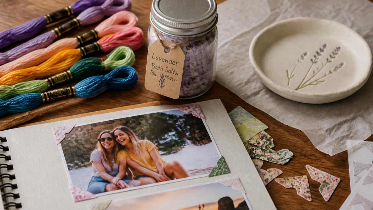 Overhead shot of a wooden table set up for a homemade gift project: embroidery floss in several colors, a small jar of lavender bath salts with a handwritten label, an air-dry clay ring dish drying on parchment paper, and a half-finished photo scrapbook page with corner stickers