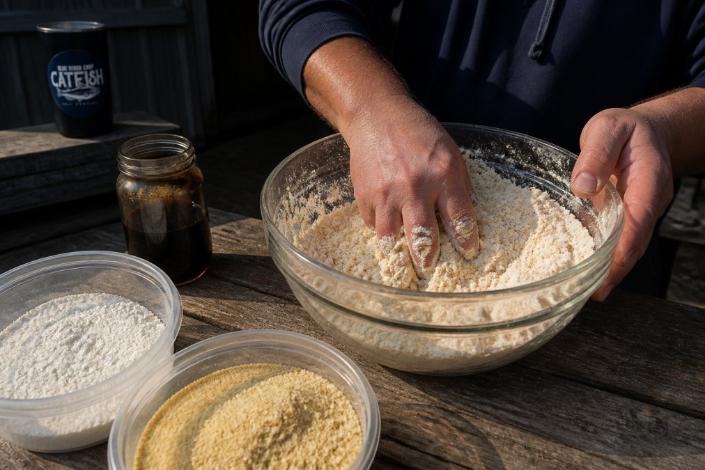 Close-up of hands mixing dough bait ingredients in a bowl on a wooden table outdoors, with flour, cornmeal, and a jar of molasses visible nearby
