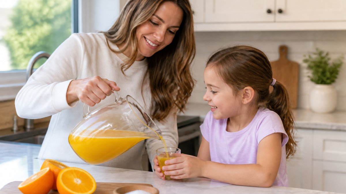 A parent and young child in a bright kitchen pouring a homemade electrolyte drink from a glass pitcher into a small cup, with fresh orange halves and a bowl of salt on the counter