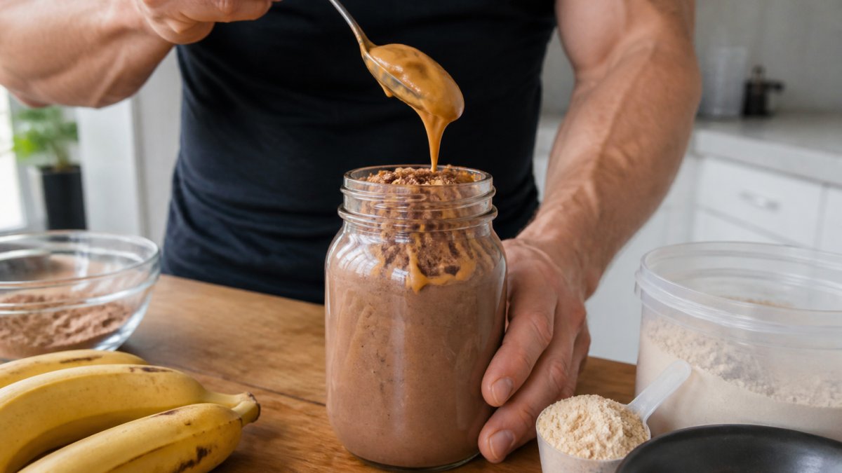 Close-up of a thick chocolate peanut butter protein shake in a glass mason jar, topped with a drizzle of peanut butter and a sprinkle of cacao powder, with fresh bananas and a scoop of protein powder visible on a wooden countertop in a bright kitchen