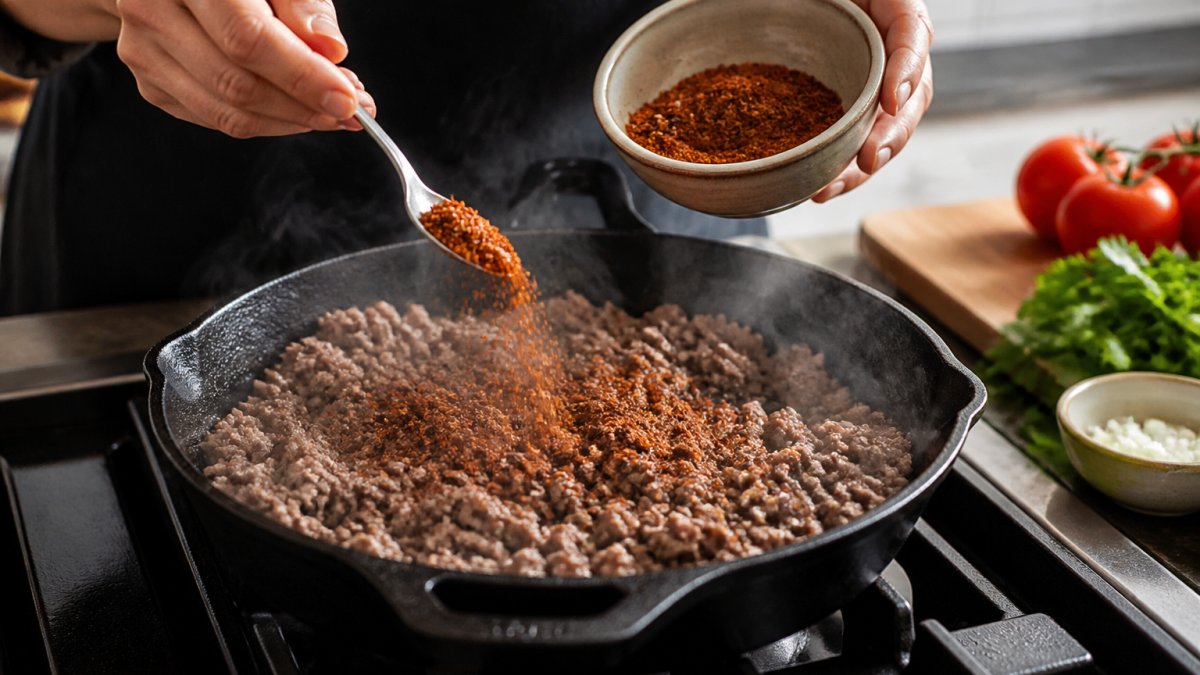 A close-up of hands sprinkling homemade taco seasoning from a small bowl over browned ground beef in a skillet on a stove, with steam rising and spices visible