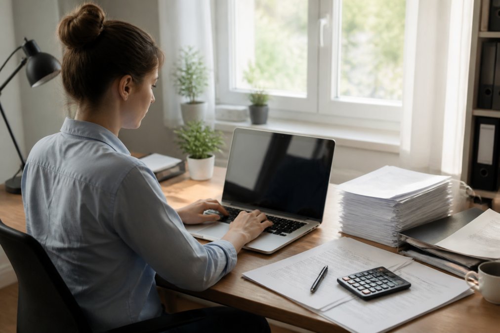 Eine Person sitzt an einem aufgeräumten Schreibtisch im Homeoffice, tippt auf einem Laptop und hat Steuerunterlagen sowie einen Taschenrechner daneben liegen, Tageslicht fällt durch ein Fenster