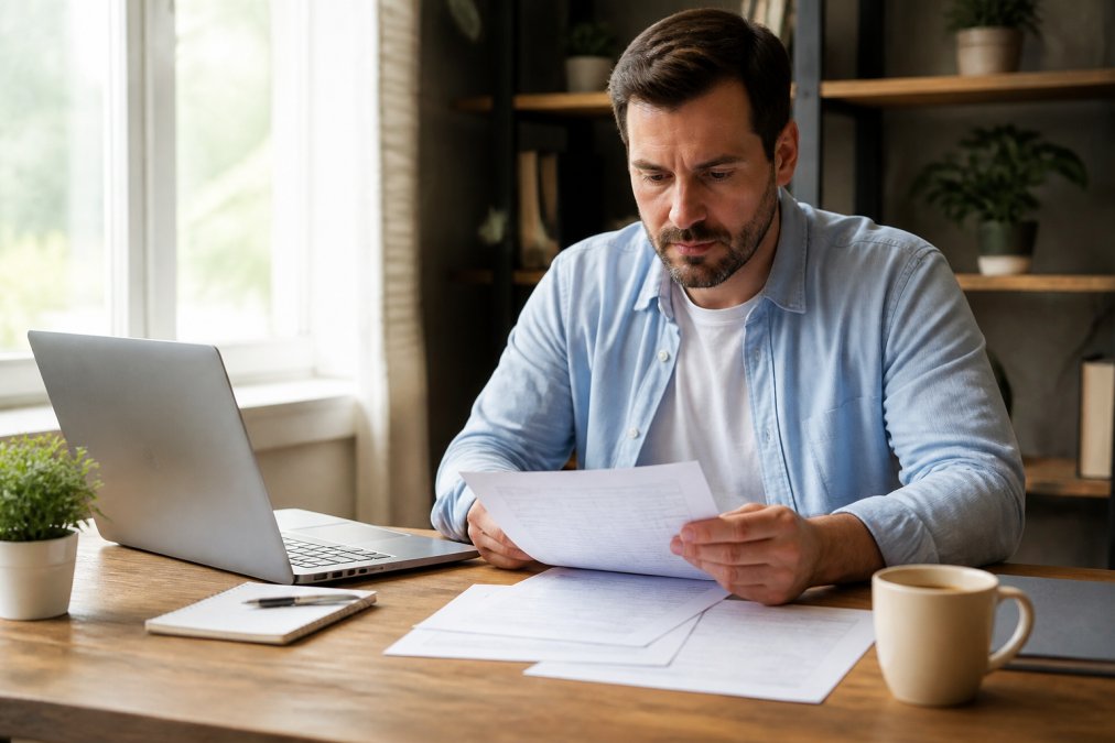 Homeowner sitting at desk with insurance policy documents and laptop, cup of coffee nearby, natural morning light from window