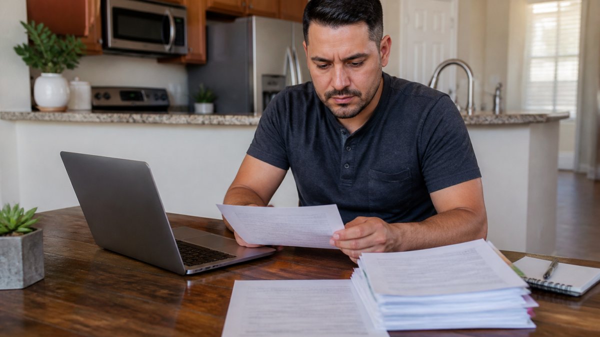 A Las Vegas homeowner sitting at a kitchen table with a laptop and a stack of insurance quote printouts, comparing annual premium options in a sunlit home
