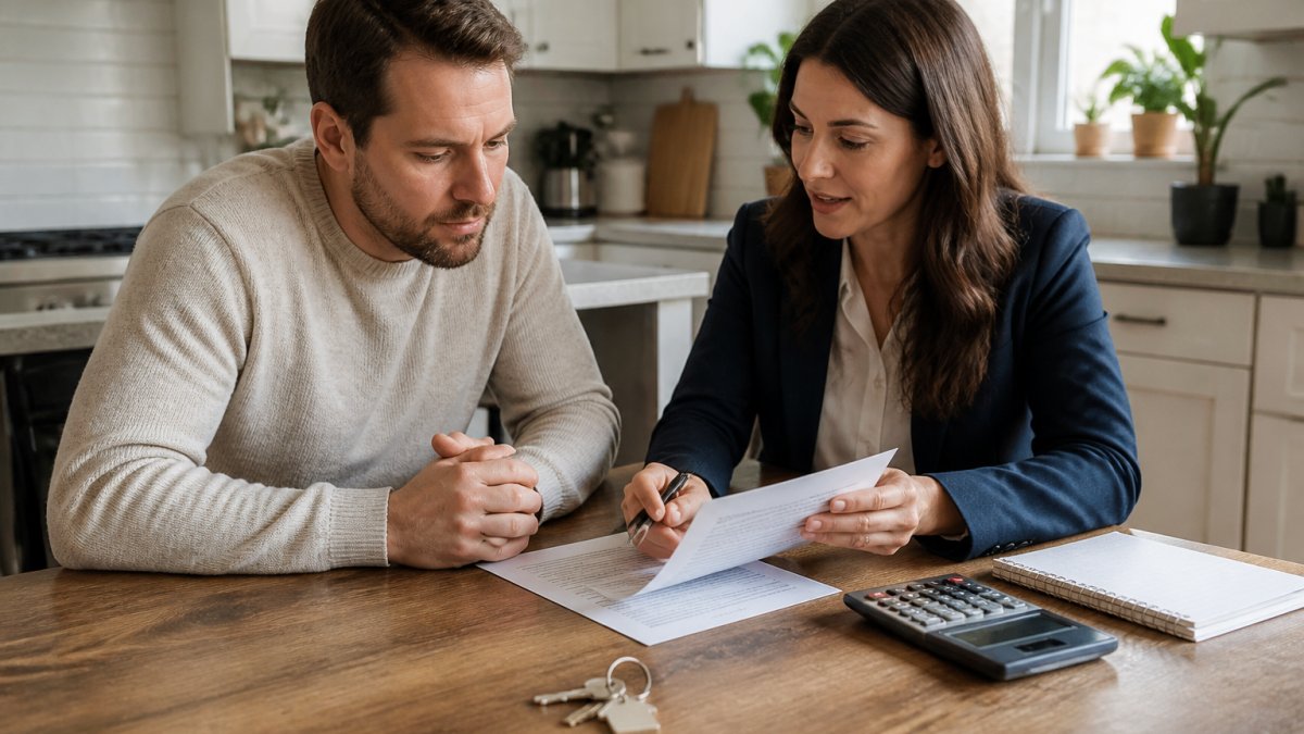 A homeowner and a licensed insurance advisor reviewing a home insurance policy document and calculator at a kitchen table, with a house key and notebook nearby