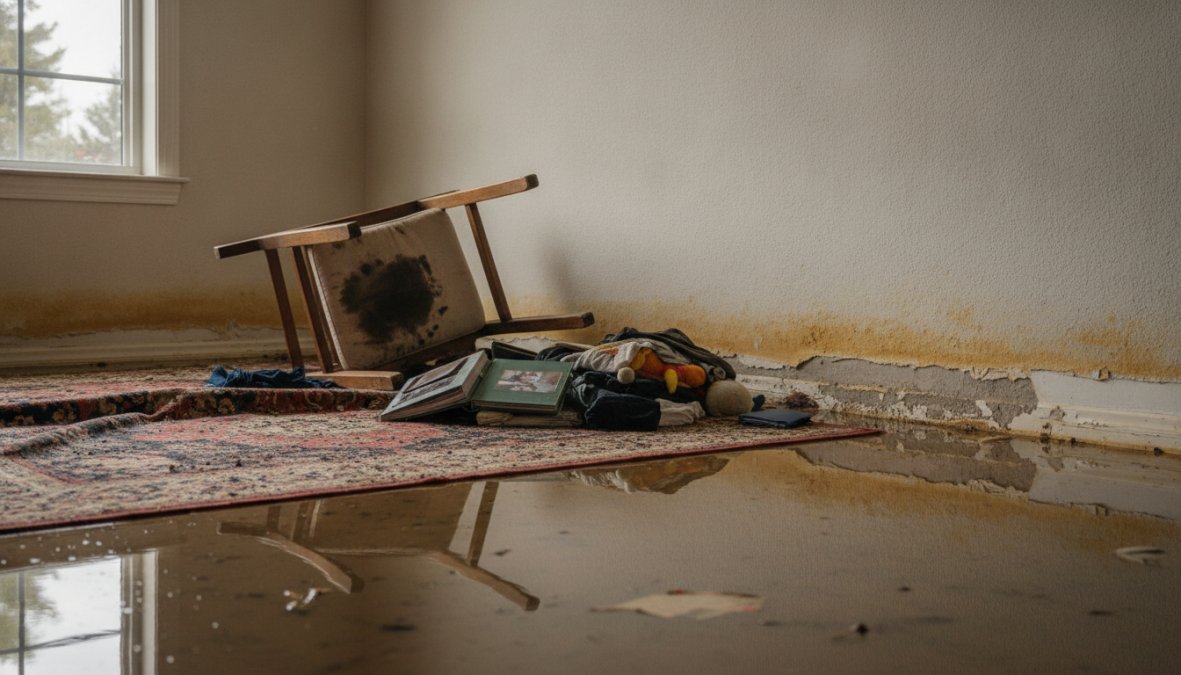 Homeowner surveying water damage in a basement after heavy rainfall, with visible water stains and damaged furniture and belongings