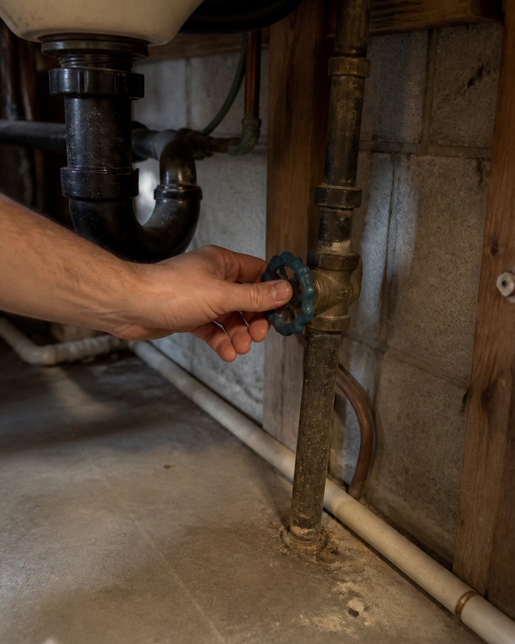 Homeowner's hand turning the main water shutoff valve located beneath a sink, showing the valve handle and surrounding plumbing in a dimly lit basement