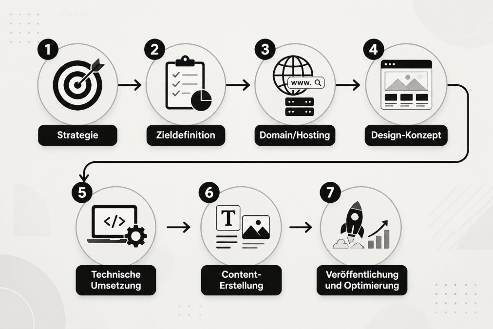 Prozess-Flowchart mit 7 Schritten: Strategie → Zieldefinition → Domain/Hosting → Design-Konzept → Technische Umsetzung → Content-Erstellung → Veröffentlichung und Optimierung