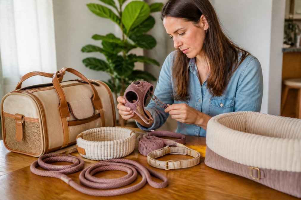Pet owner examining product packaging and quality details of designer pet accessories on a wooden table with natural lighting, comparing materials and construction
