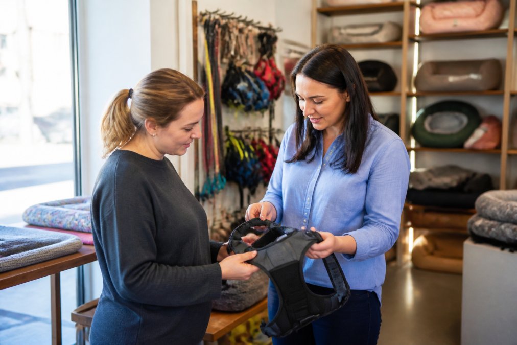 Pet owner speaking with a knowledgeable staff member in a small boutique pet store, examining a specialized arthritis mobility aid together, natural light from storefront windows illuminating their interaction