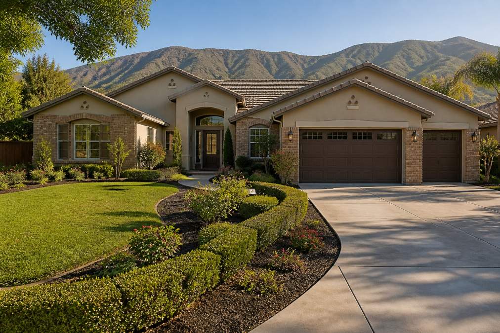 Modern single-family home with manicured front lawn, brick and stucco exterior, professional landscaping, and welcoming entrance in suburban residential setting with natural afternoon lighting