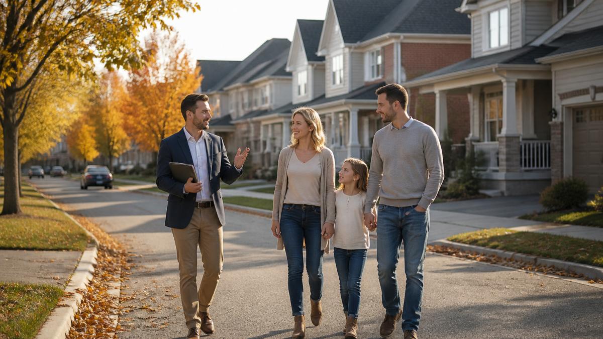 A family walking with a real estate agent along a tree-lined residential street in a suburban Ottawa neighbourhood, detached homes and townhouses visible in the background, autumn daylight