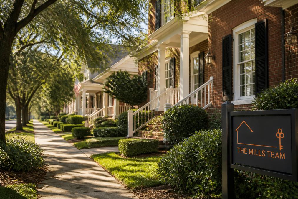 Tree-lined residential street in Mount Pleasant with well-maintained homes, manicured lawns, brick facades, and a welcoming community atmosphere under morning light