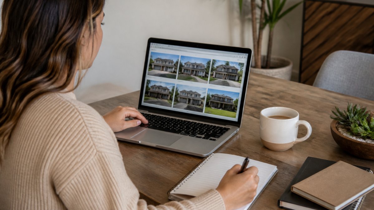 First-time homebuyer reviewing property listings and details on a laptop while taking notes, with a coffee cup and notebook on a wooden desk